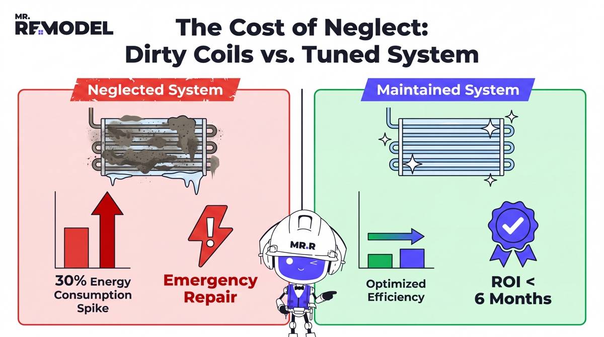 A stark, dual-bar infographic comparing two financial paths. Path A (Neglected): A neglected unit with a visual overlay of "Dirty Coils" -> "30% Energy Spike" (tall red bar) -> "Emergency Repair" (flash icon). Path B (Maintained): A clean unit with "Annual Tune-Up" -> "Optimized Efficiency" (short green bar) -> "Net 30% Savings." It includes badges for "ROI < 6 Months."